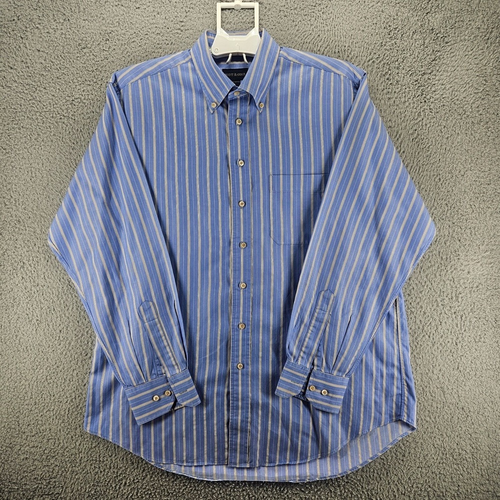 Scott Barber Mens Large Blue White Striped Cotton Button Down Shirt Long Sleeve